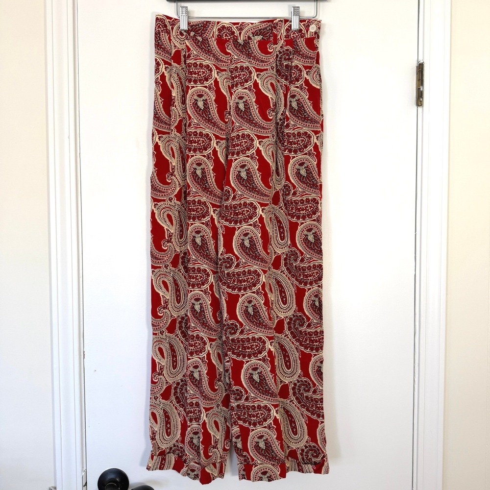 Ralph Lauren Vintage Red Paisley Wide Leg Rayon Trousers Pants Size 12 Boho
